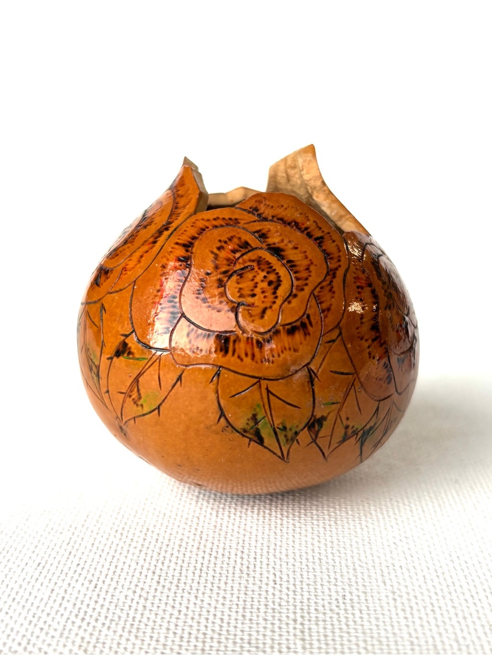 Hand Carved Gourd Peruvian Folk Art Peru Floral Flowers Signed Vintage 90s Decor